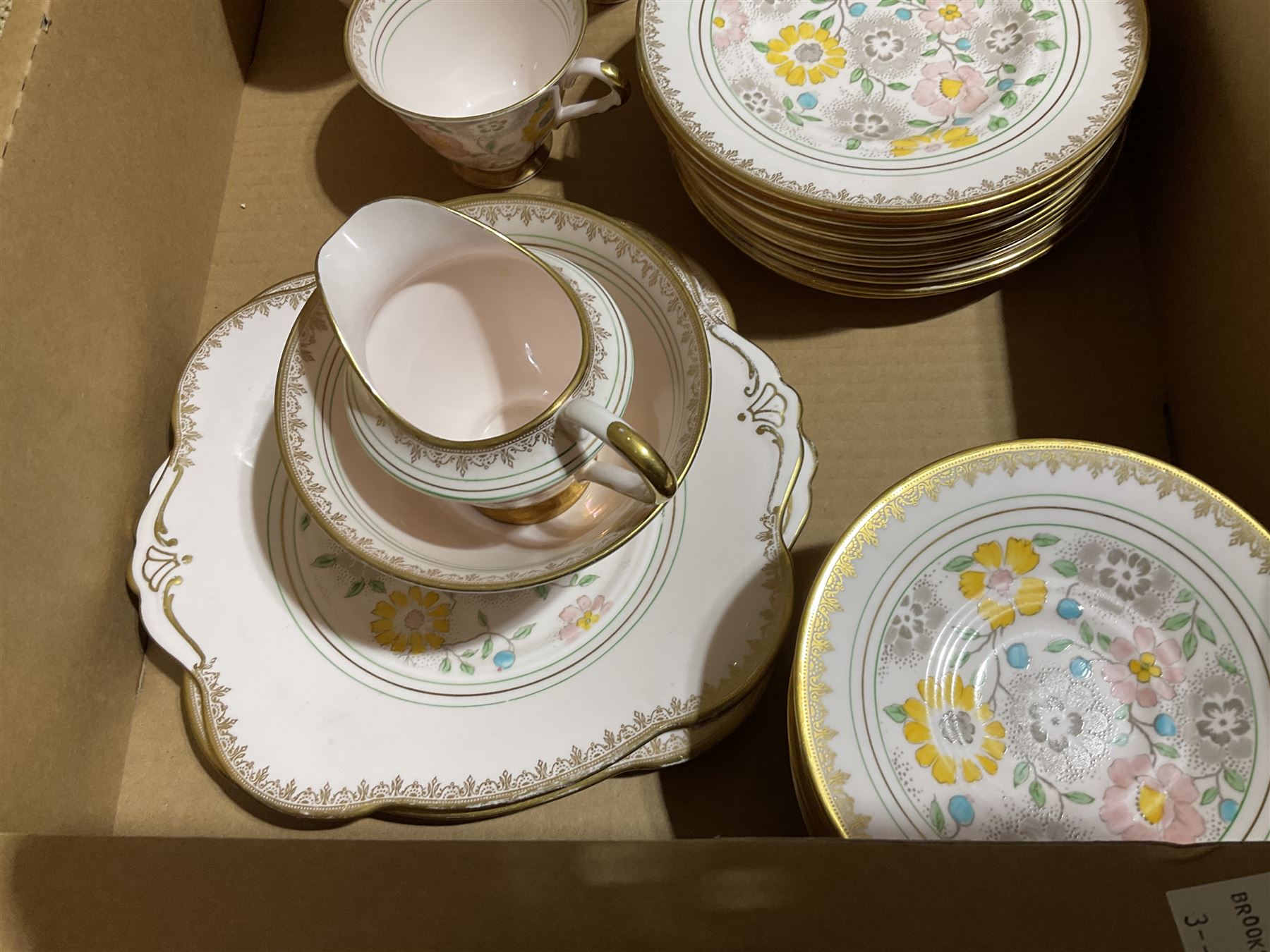 Paragon tea wares decorated in the 'Country Lane' pattern, Plant Tuscan tea set for nine, the pink ground with flower and gilt decoration, Wedgwood 'Mayfield' coffee wares etc in two boxes