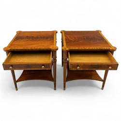 Maitland Smith - Pair of mahogany side tables, the rectangular top with rounded corners, the top edge inlaid with movingui wood, above two under-tier shelves, and frieze drawer, supported on stop-reed and acanthus foliate carved legs united by platform stretcher, raised on brass sabot foot caps