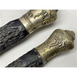 James Deakin & Sons five piece horn handled carving set, in blue velvet lined fitted case, L43cm