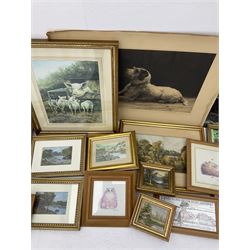 Various pictures and prints to include etching of recumbent dog, other framed animal pictures, river landscapes in gilt frames signed 'N.W', other landscapes etc
