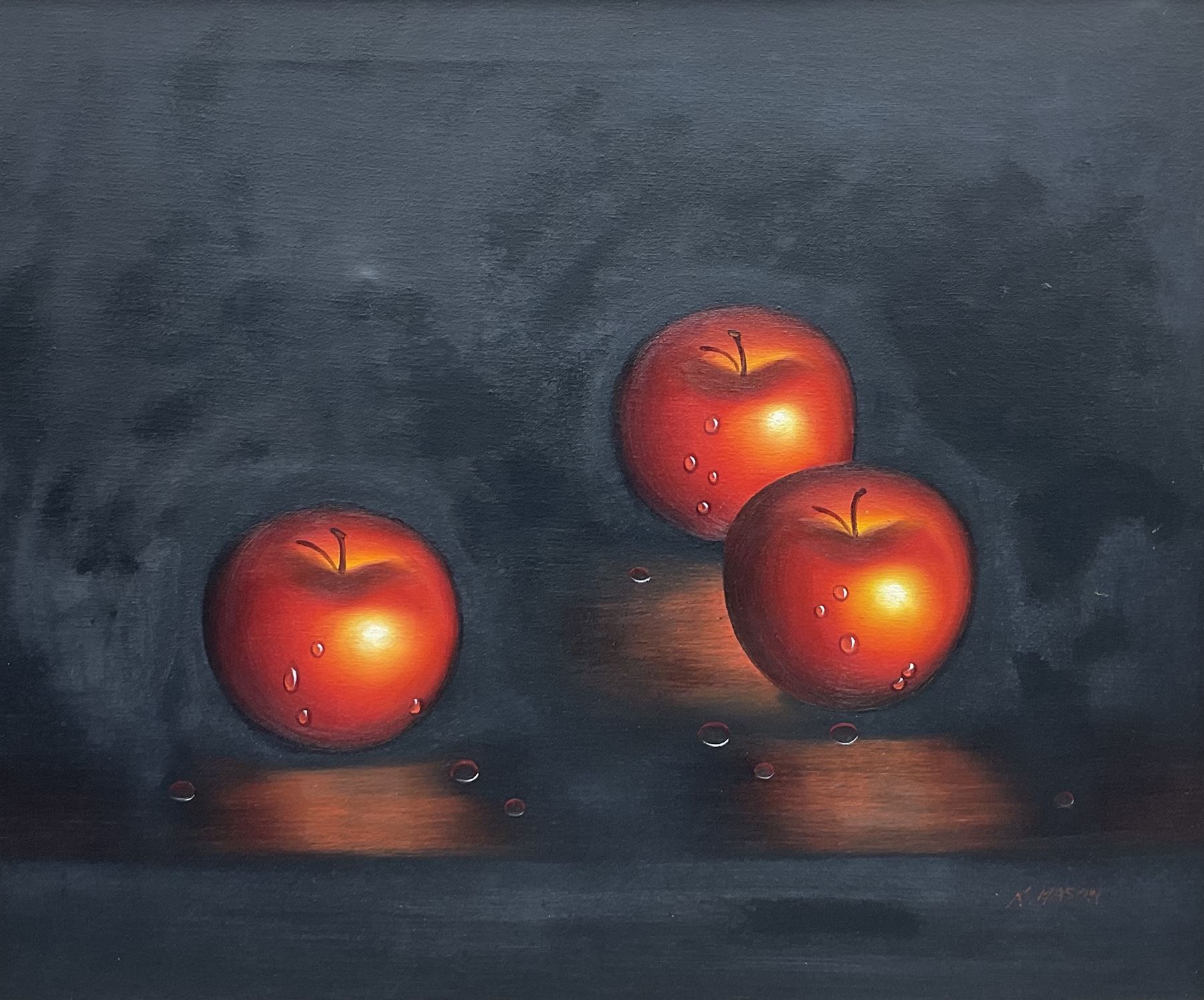 K Mason (20th century): Still Life of Three Apples, oil on canvas signed 50cm x 60cm 