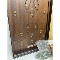 John Jaques and Son ‘Devil Among the Tailors’ wooden vintage skittles game, missing pole and ball, with instruction manual and original box; and a Corinthian Bagatelle board with marbles and push stick 