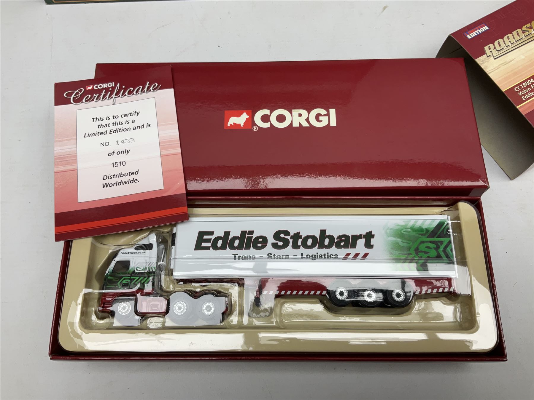Corgi Eddie Stobart - four Classics lorries; 18801 Bedford KM, 97369 AEC Truck & Trailer, 23101 Ford Transcontinental Tilt Trailer and 14303 Foden S21 Artic Trailer; limited edition 21601 AEC Ergomatic 6-wheel Tipper; and two others in the Roadscene and Truckfest 25 Series; all boxed (7)