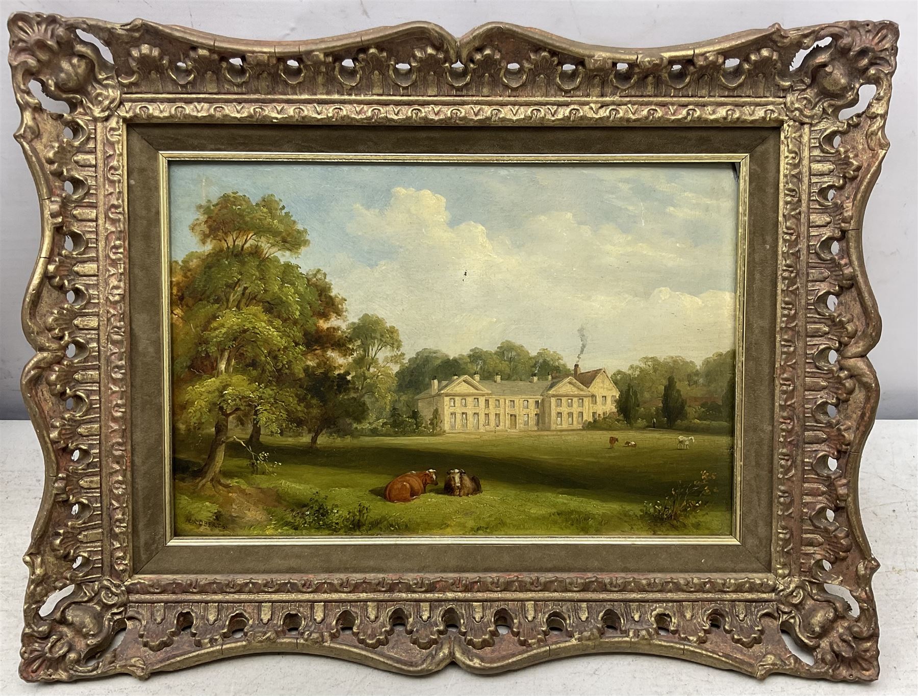 JL Roberts (British 19th century): ‘The Old Hall - Anlaby East Yorkshire, oil on panel signed, titled and dated 1830 verso 19cm x 29cm