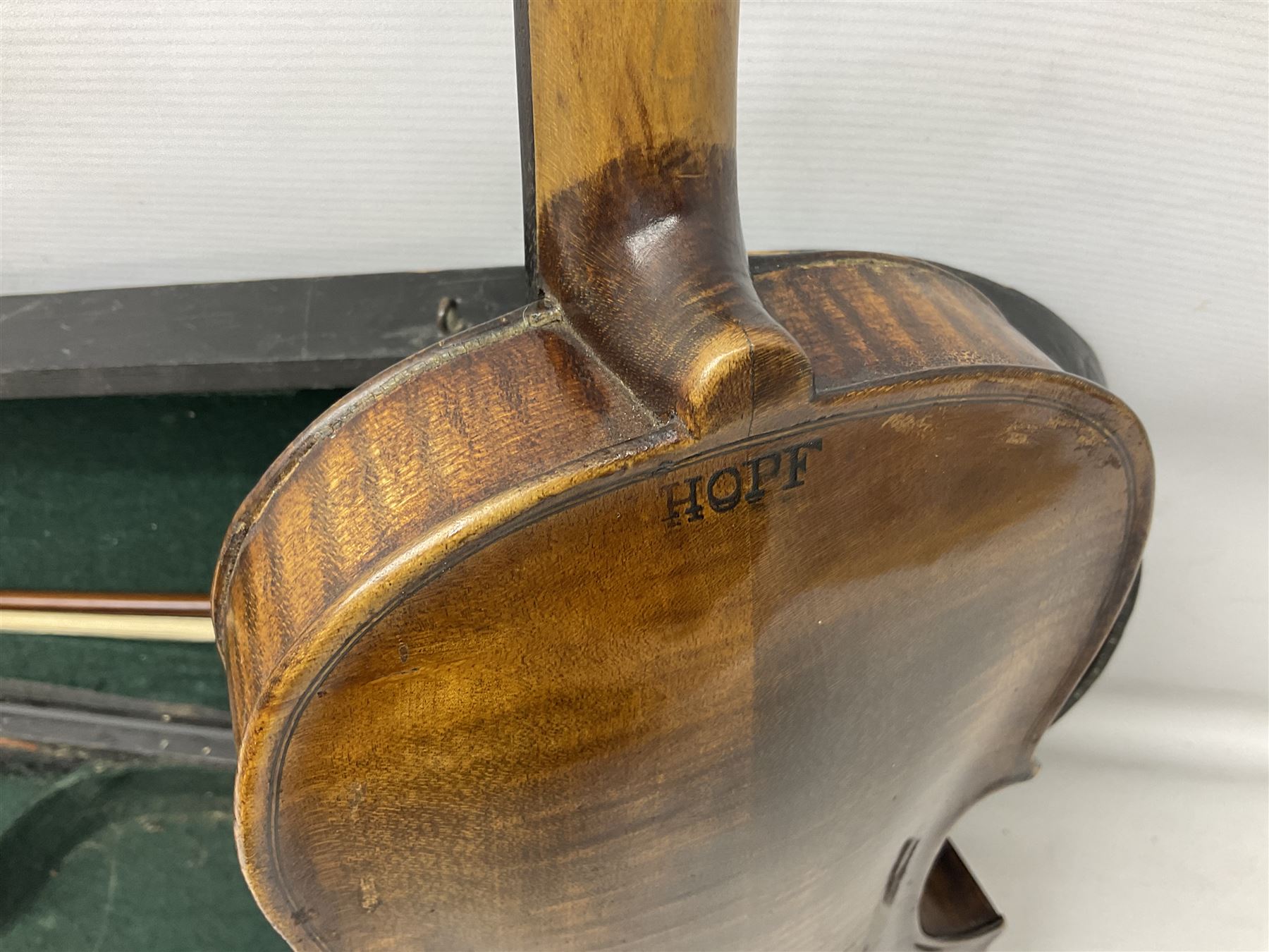 German Hopf violin c1900 with 35.5cm two-piece maple back impressed HOPF, maple ribs and spruce top, also marked HOPF internally L58.5cm overall; in Maidstone ebonised wooden coffin case with bow