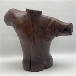 Helen Skelton (British 1933 – 2023): Large carved wooden sculpture, modelled as a male torso, H40cm. Born into an RAF family in 1933 in Kent and travelled the world extensively during her childhood. After settling in Bridlington, Helen immersed herself in painting, textiles, and wood sculpture, often inspired by nature's beauty. Her talent was showcased in a one-woman show at Sewerby Hall and recognised with the sculpture prize at Ferens Art Gallery in 2000. Sadly, Helen’s daughter passed away from cancer in 2005. This loss inspired Helen to donate her sculptures to Marie Curie upon her passing in 2023.