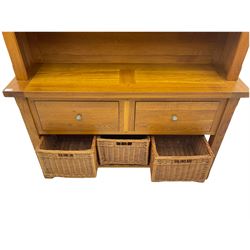 Manor Oak - light oak dresser and rack, fitted with two shelves with three drawers, two deep drawers and pot baked base with basket storage
