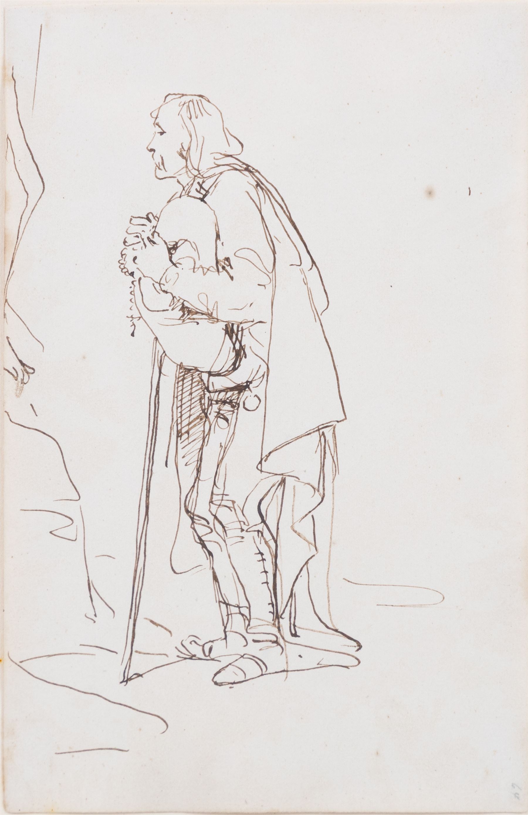 Swiss/French School (19th century): Donkey Heading to Market and Figural Studies, three ink sketches, one indistinctly signed and inscribed, max 17cm x 11cm (3)