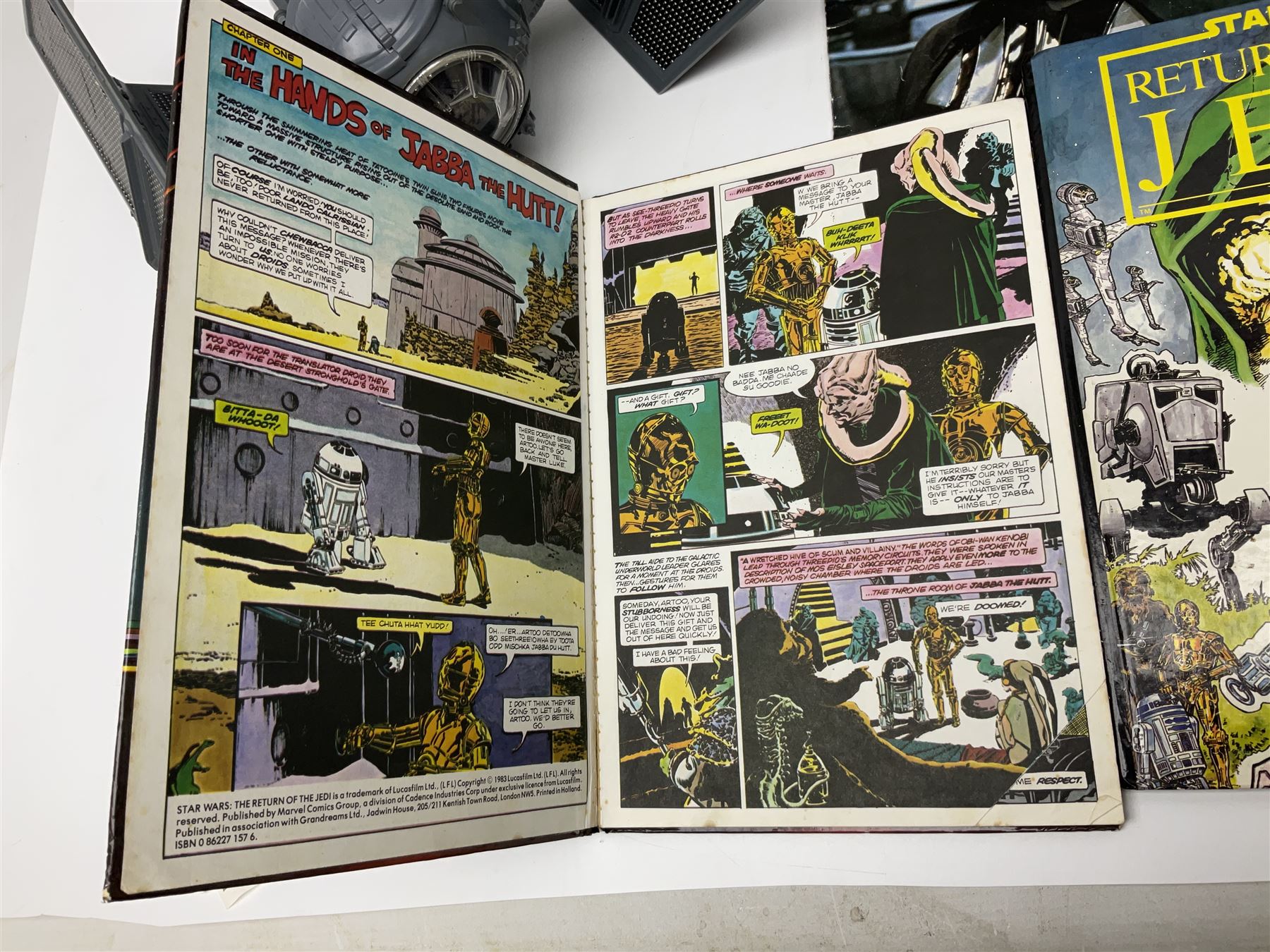 Star Wars - Darth Vader TIE-fighter; Darth Vader head and shoulder shaped figure collection box; 1983 & 1984 Return of the Jedi Annuals; Read Along Book and Tapes; and two posters