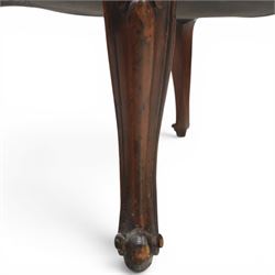 Victorian mahogany Cayley style footstool, serpentine upholstered seat raised on cabriole supports terminating in scroll feet