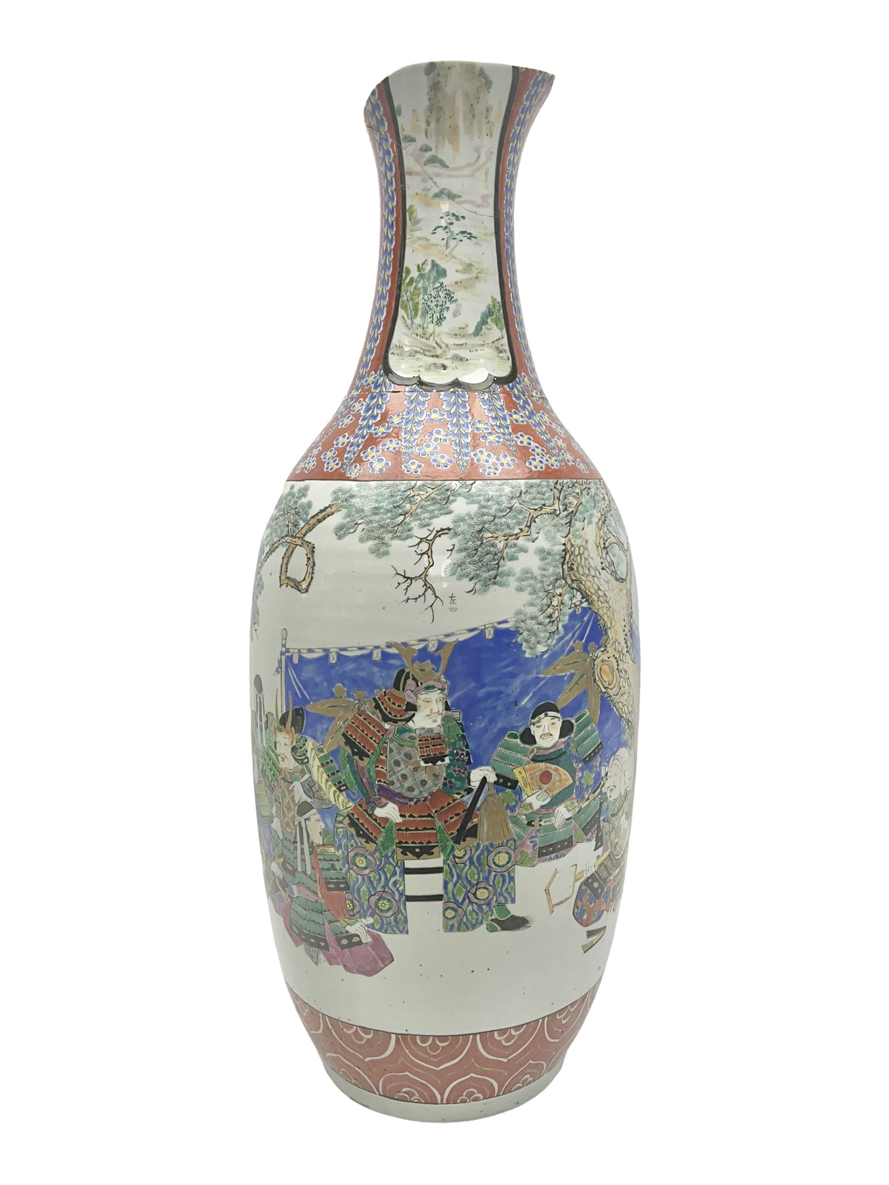19th century Chinese floor vase of baluster form, hand painted with warriors and the emperor, the neck decorated with floral patterns and panels with landscapes, H64cm