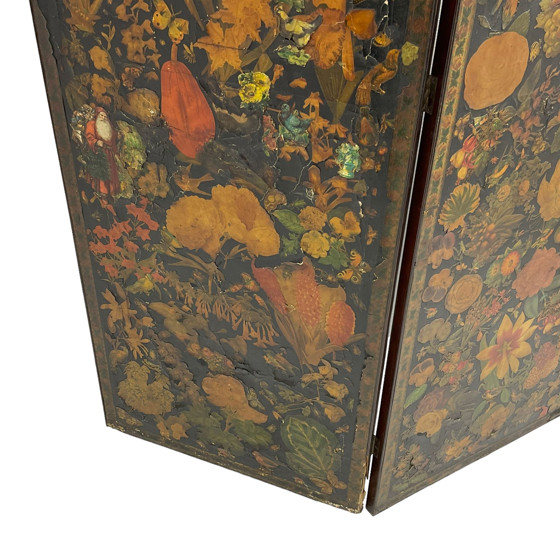 Late Victorian découpage scrap screen, three folding panels decorated with applied plates and cut-outs of portraits, floral and foliate images and animals