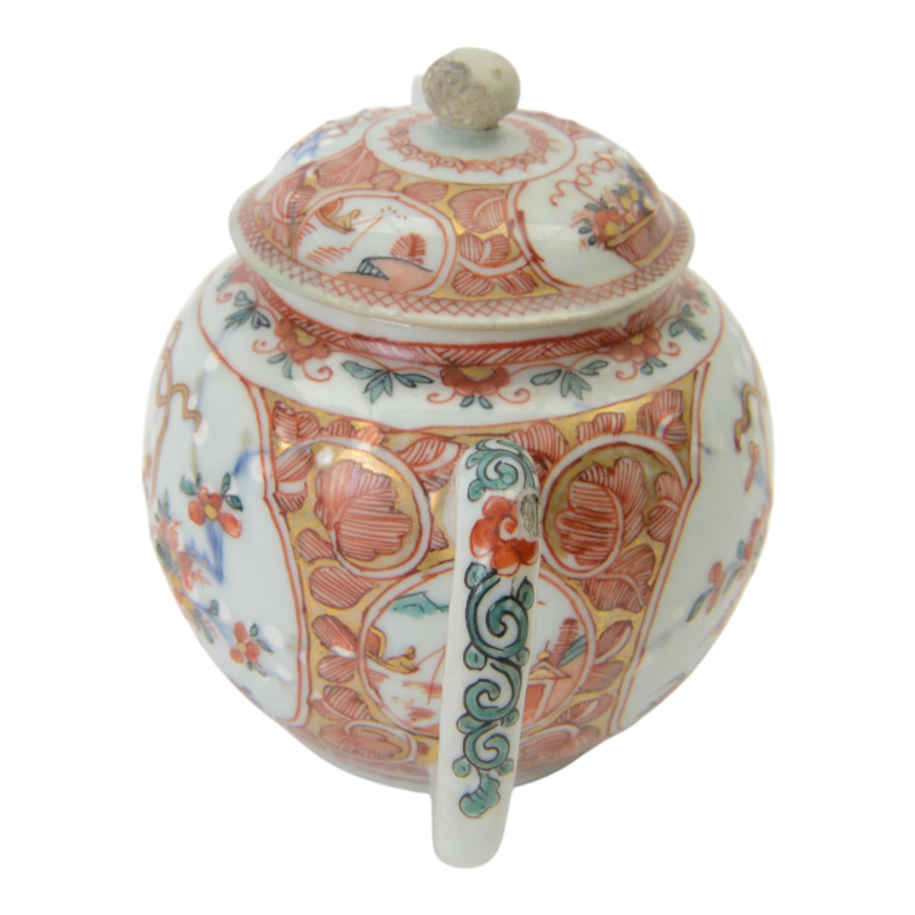 Amsterdam bont teapot, decorated with a basket of flowers, together with two Amsterdam bont saucers of similar design and five other saucers  