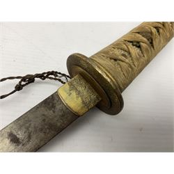 Japanese tanto dagger with 25cm single edged blade, gilded plain punched tsuba, cord bound ray skin grip incorporating menuki and ornate gilded metal mounts L39cm overall