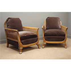  Early 20th century walnut framed three piece bergere lounge suite comprising of three seat settee (W172cm), and two matching armchairs (W72cm)  