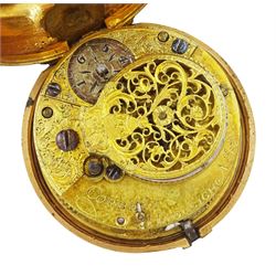 George III gilt and tortoise shell pair cased verge fusee pocket watch by Samuel Corbett, Hadleigh, No. 583, pierced and engraved balance cock, white enamel dial with Roman hours and outer Arabic minute ring, the tortoiseshell outer case painted with fern decoration