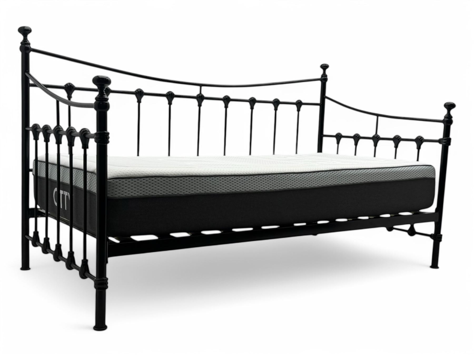 Contemporary Victorian revival black metal day bed, featuring arched back and sides with turned finials and spindle rails, complete with single 'OTTO' mattress