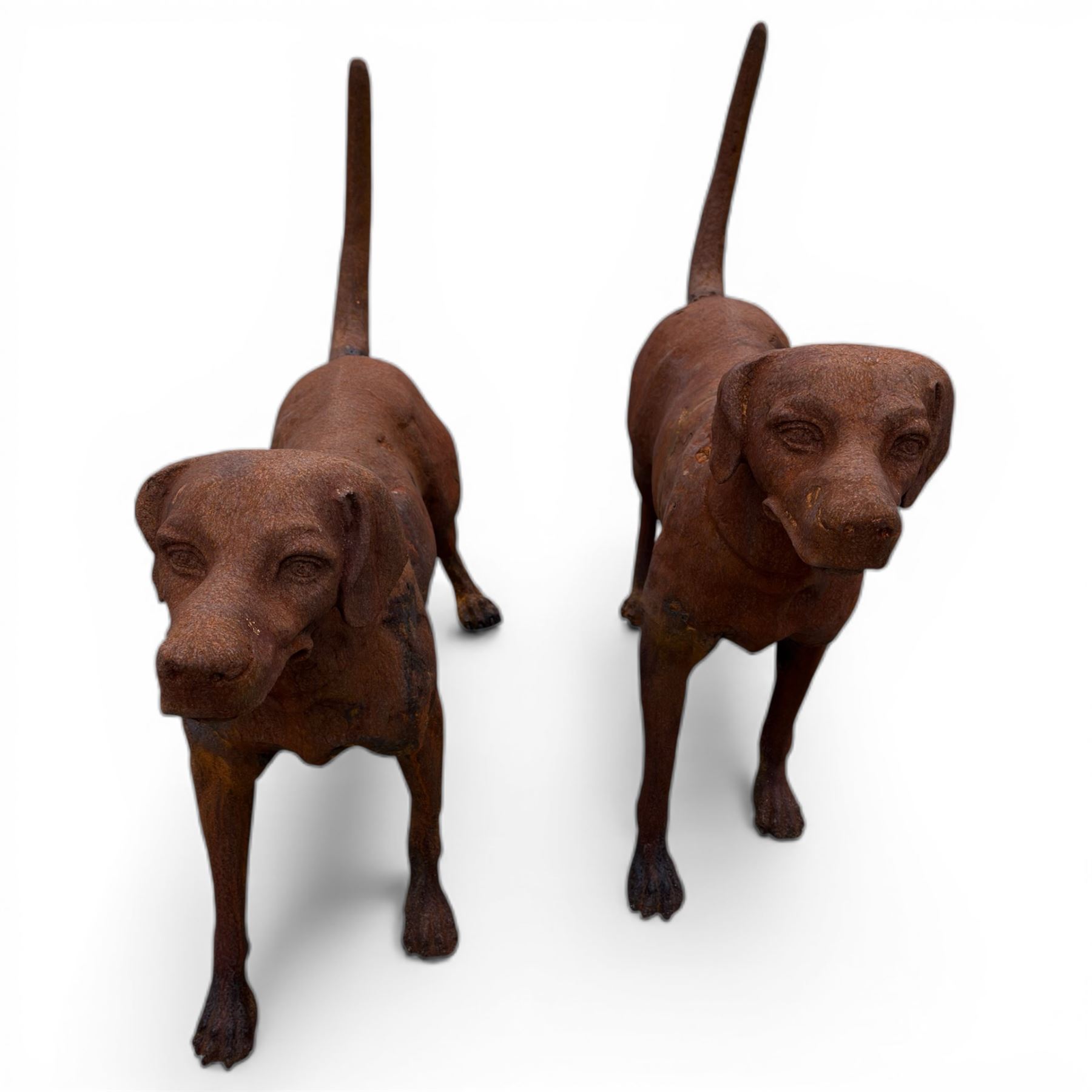 Pair of life-size heavy cast iron garden Hunting dogs