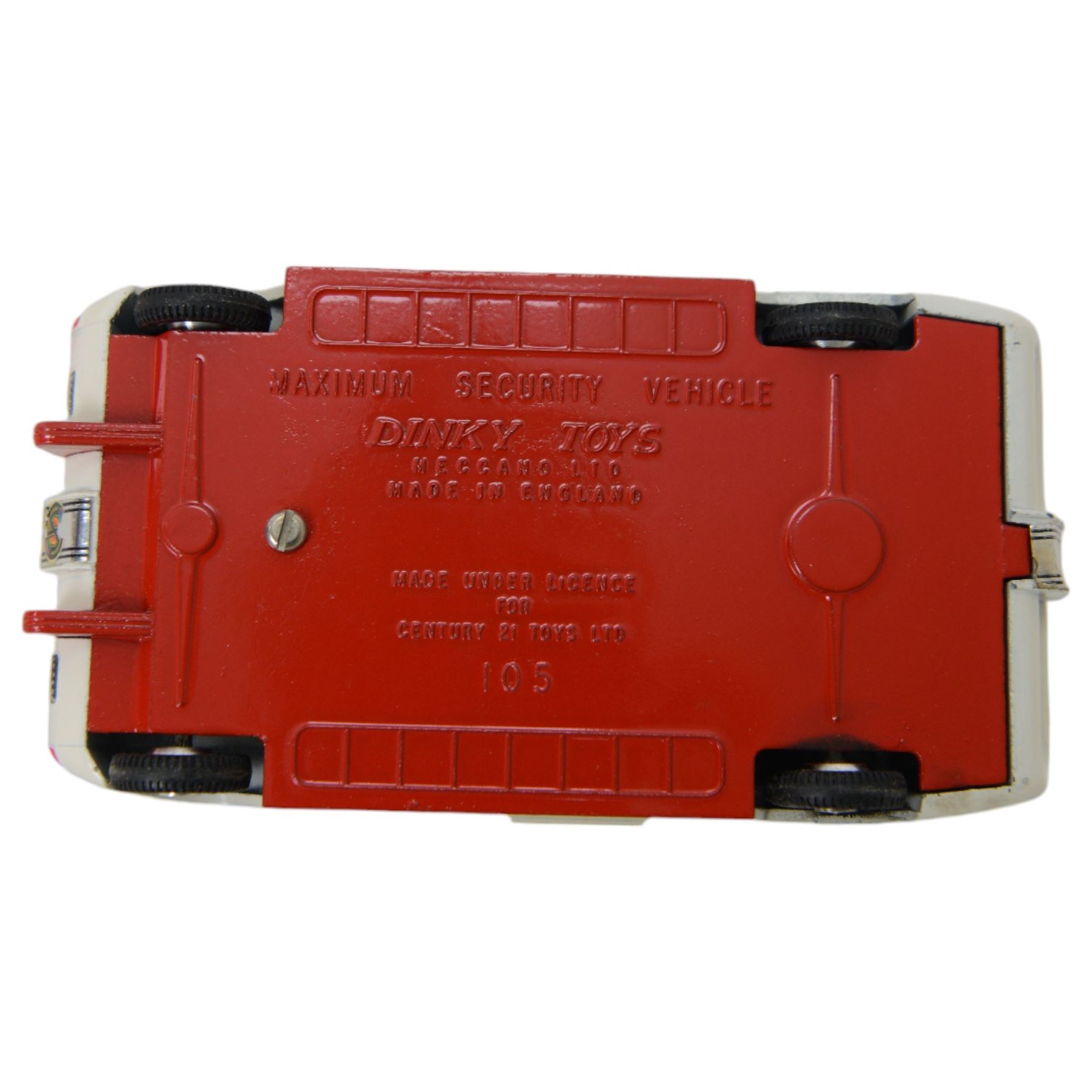 Two Dinky Toys diecast Captain Scarlet vehicles, comprising Spectrum Patrol Car no. 103, with red metallic body, white base, blue tinted windows and silver trim and Maximum Security Vehicle no. 105, the white body with red stripes and base, chrome trim and cast spun hubs, with radiation box, both boxed