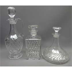  Cut crystal claret jug of footed tapered form and a matching ships decanter and square form decanter (3)  