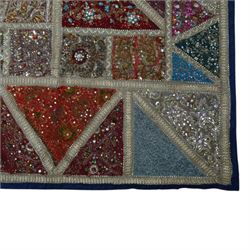 20th century Zardozi wall hanging, hand embroidered in gold thread and beadwork, in geometric platters H90cm, L142