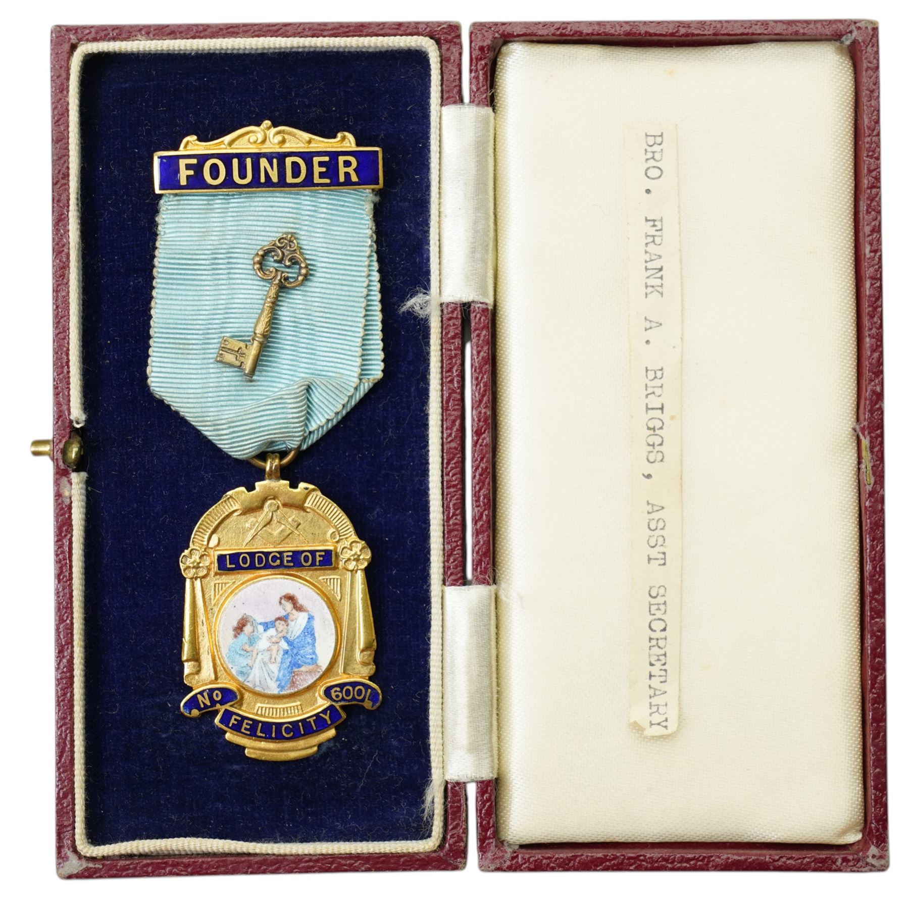 Masonic Jewels comprising seven enamel and gilt 'Lodge of Felicity', five dated 1945, four silver-plated examples collar jewels, a silver-gilt jewel, together with a cased Victorian photograph and a silver-gilt medal for 'Past President Chamber of Trade, Bradford & District', including some cases 