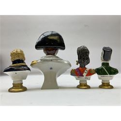 Group of Napoleonic busts comprising ‎Rudolf Kämmer Volkstedt examples of General Jean Lannes, 1st Duc de Montebello and Scottish Highland Infantry soldier and Rifleman 1803, all with blue crowned K marks beneath, and a bust of Napoleon raised upon square plinth, tallest H12cm