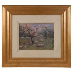 George Frederick Cutter (British 1940-): Sheep Resting in Tall Grass, pastel signed 17.5cm x 22.5cm; English School (19th century): Waves Breaking on a Rocky Coastline, impasto oil on board indistinctly signed max 19.5cm x 28cm