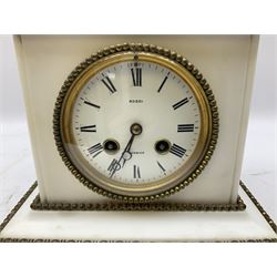 19th century French white marble mantel clock, the cuboid body surmounted by a gilt bronze figure of Napoleon, over a white enamel dial with Roman numerals, inscribed Rossi Norwich, enclosing a French brass eight-day movement striking on a bell; stepped base with gilded beaded and bobbin-turned edges H44cm