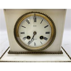 Theodore Rossi of Norwich -  French late 19th century white marble 8-day mantel clock, with a square case on a wide plinth with applied brass beading to the edge, flat pediment surmounted by a gilt bronze figure of Napoleon, over a white enamel dial with Roman numerals and steel spade hands, with a Parisian rack striking movement, striking the hours and half hours on a bell. Dial inscribed Rossi Norwich.
Theodore Rossi is recorded as working from the Market Place, Norwich, 1875-1900.