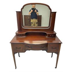 Edwardian inlaid mahogany dressing table, raised swing mirror back over two trinket drawers, base fitted with three drawers, raised on square tapering supports