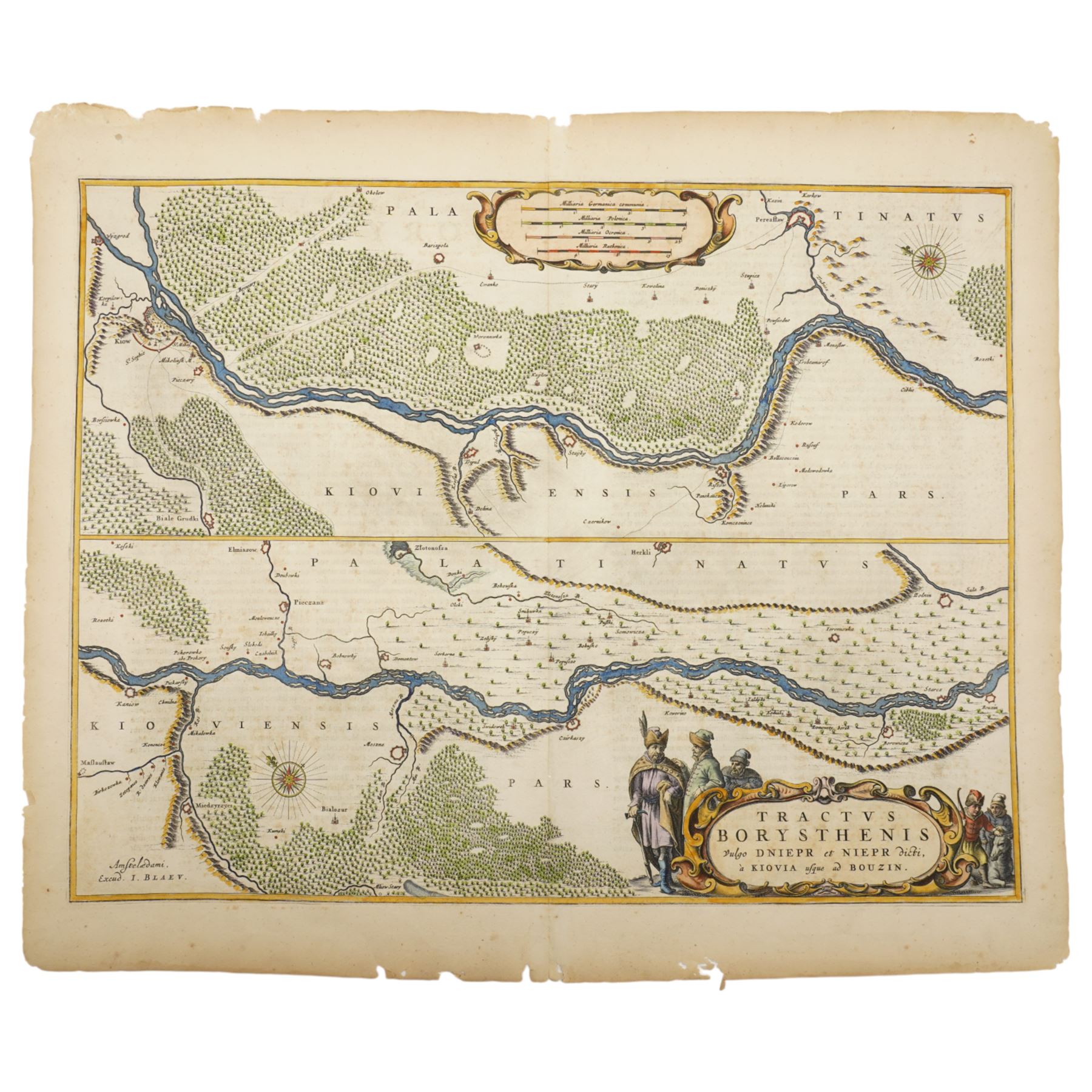 Johannes (Joan) Blaeu (Dutch 1596-1673): 'Tractus Borysthenis vulgo Dniepr et Niepr Dicti, à Kiovia ufque ad Bouzin', 17th century engraved map with hand-colouring of the Dnieper river in Ukraine from Kiev through Cherkasy pub. Atlas Major c.1662, 51cm x 61cm (unframed)