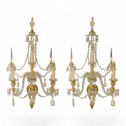 Pair of George III ormolu and cut-glass wall-lights, each with a tall central urn-shaped f...
