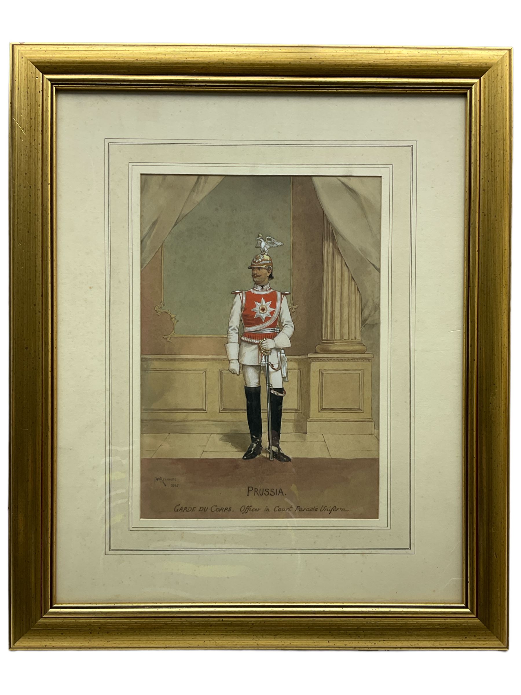 P W Reynolds (British 19th century): 'Prussia - Garde Du Corps Officer in Court Parade Uniform', watercolour and gouache signed inscribed and dated 1895, 29cm x 20cm