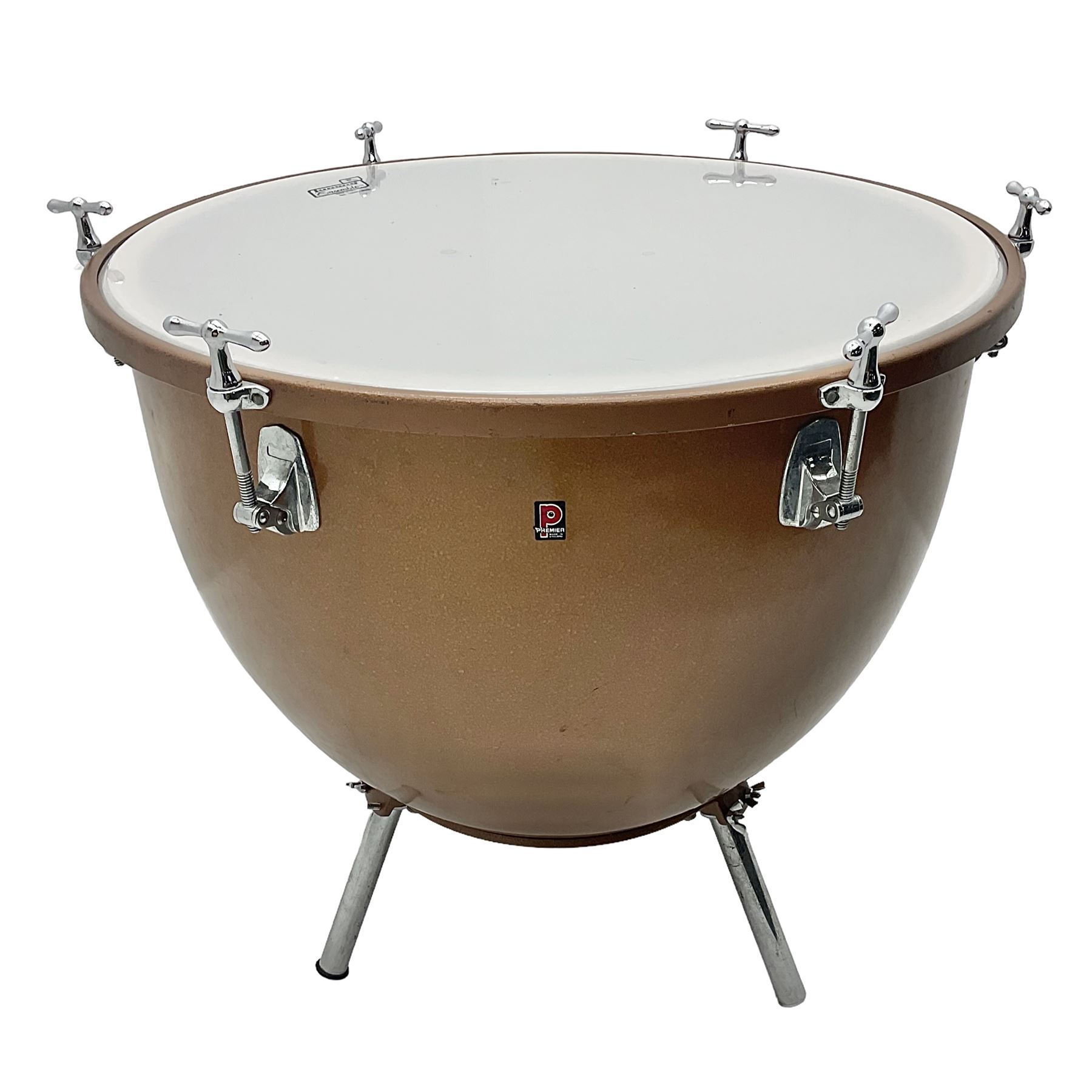 Timpani drum with coppered finish to the bowl, three adjustable tubular