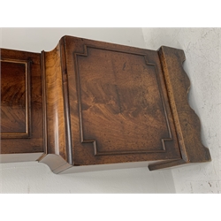 George III mahogany longcase clock, the hood with stepped moulded arch pediment above glazed door, fret work grille to each side, figured trunk door and base, enamel Arabic dial painted with country house scene and floral spandrels signed 'S. Wright, Watford', subsidiary seconds dial and date aperture, eight day movement striking the hours on bell, H212cm (two weights and pendulum)