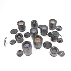 Ten camera lenses, comprising Minolta AF Zoom Xi 28-105mm 1:3.5 (22)-4.5 , Tamron AF Aspherical 28-200mm 1:3.8-5.6, two Tamron AF 80-210mm 1:4.5-5.6, Sigma Zoom 28-80mm 1:3.5-5.6 macro, Sigma Zoom 28-200mm 1:3.8-5.6 UC, Sigma UC Zoom 70-210mm 1:4-5.6, Sony DT 3.5-5.6/18-70 0.38m/1.3ft macro, Minolta AF 50mm 1:1.7 and Sigma Zoom Master 1:3.5-4.5 f=35-70mm