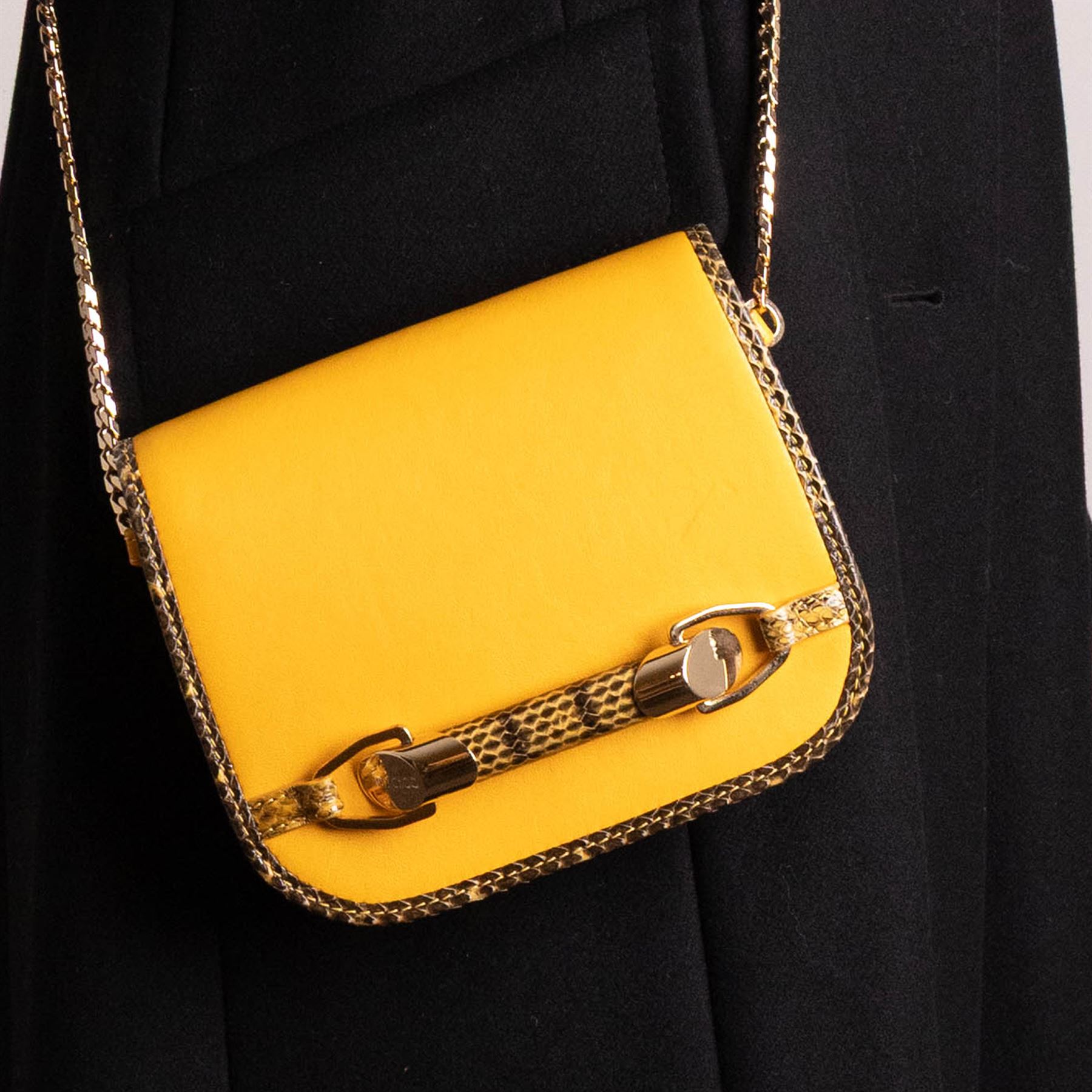 Jimmy Choo - ‘Shadow’ Mini Bag, introduced circa 2016, in mustard yellow leather with python trim and gold-tone chain shoulder or crossbody strap and hardware, unused with original dust bag