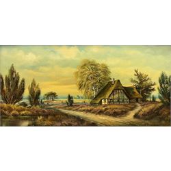 Horst Baumgart (German 1932-): Thatched Cottage I, oil on canvas signed 48cm x 98cm in cruciform oak Oxford frame
