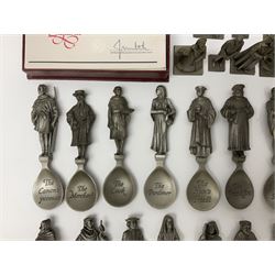 Set of forty three miniature Franklin Mint pewter figures of the Kings and Queens of England, with certificate of authenticity and information cards, together with a collection of twenty four Franklin Mint pewter Charles Dickens character spoons