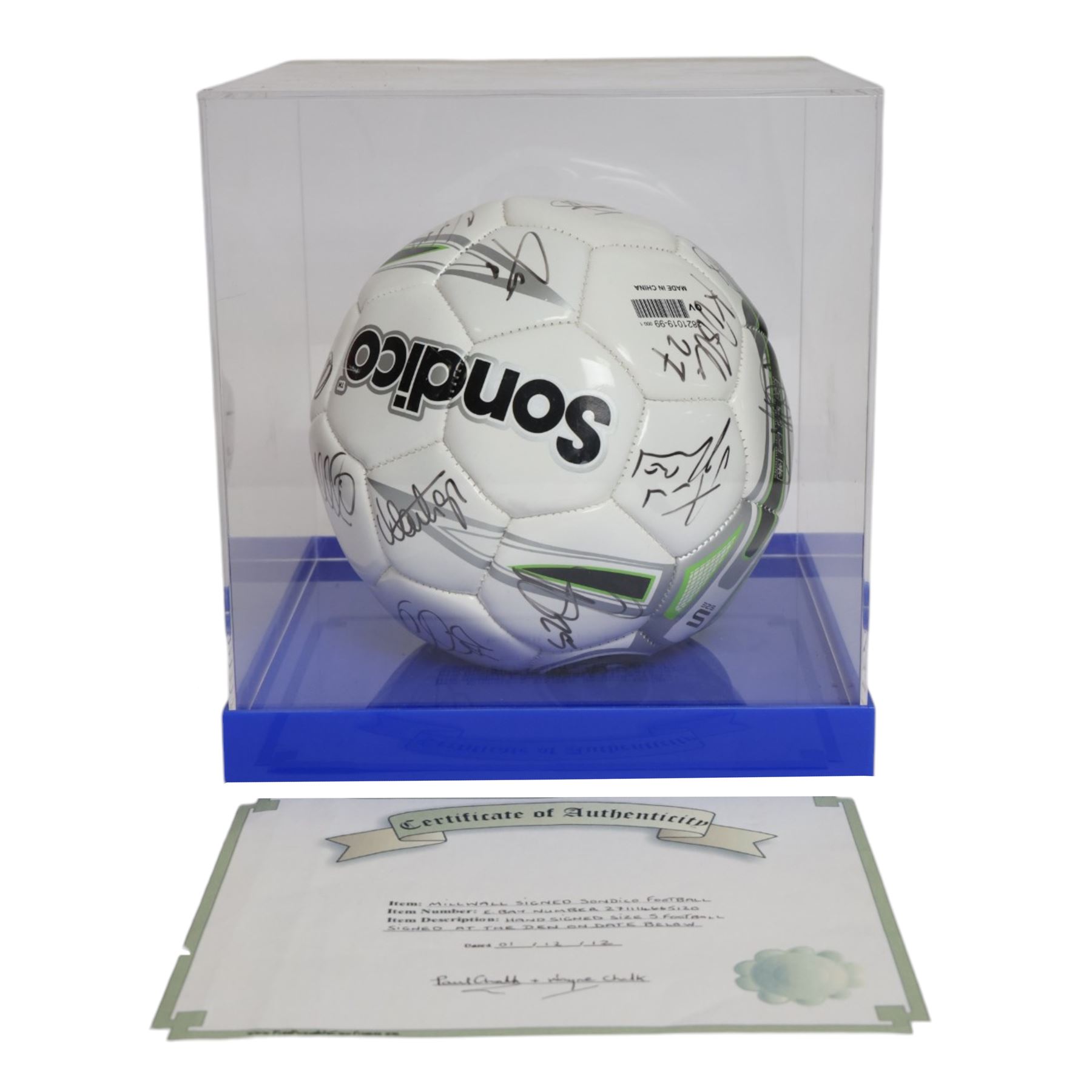 Sondico football signed at the Den by the Millwall football team December 2012, contained within a Perspex display case