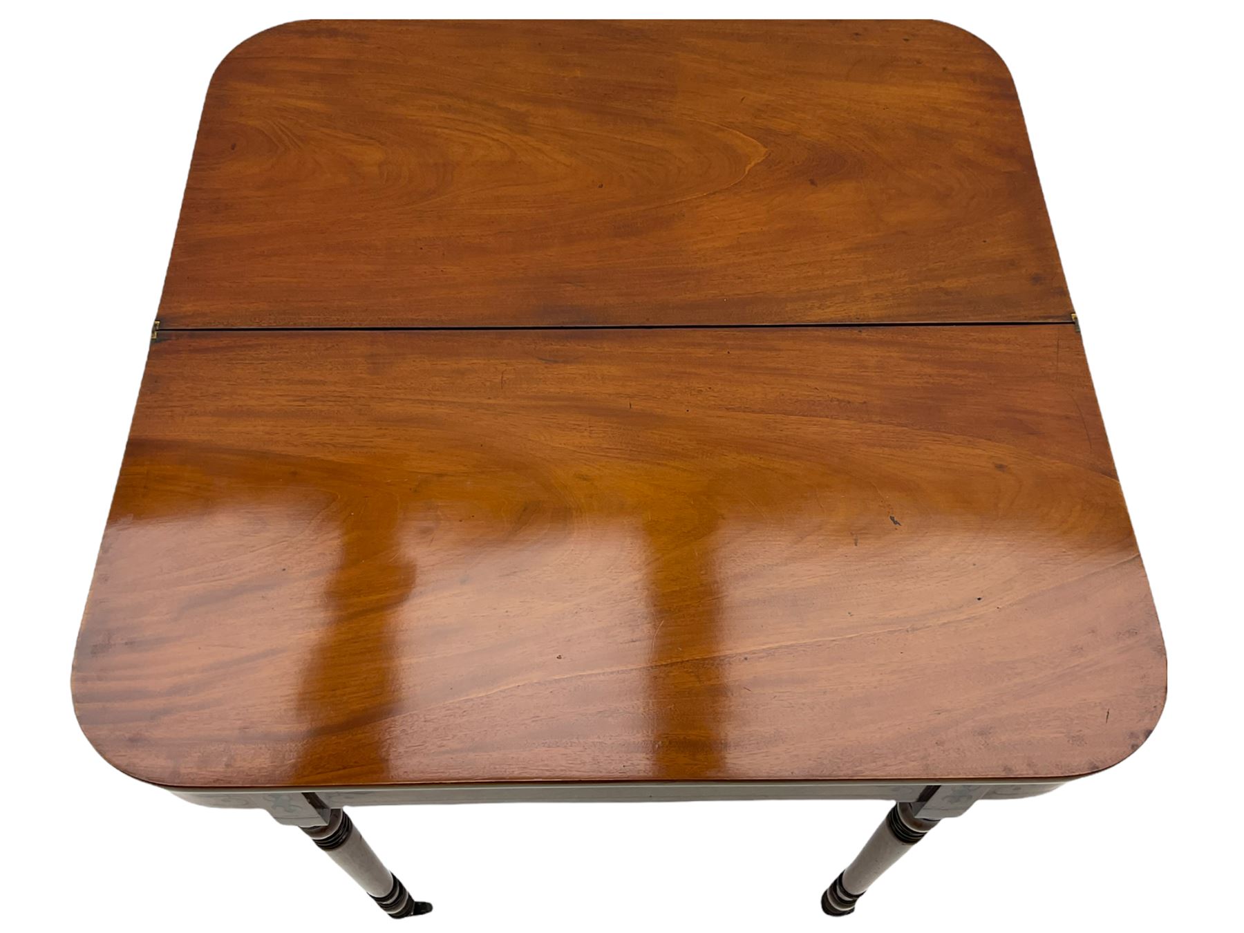 Early 19th century inlaid mahogany D-shaped tea table, fold-over top