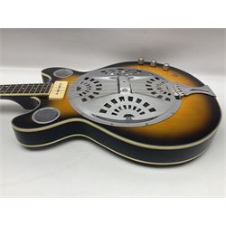 Eastwood of Canada Delta 4 electric four-string tenor resonator guitar with tobacco sunburst finish, serial no.1703437 L100cm; in original soft carrying case