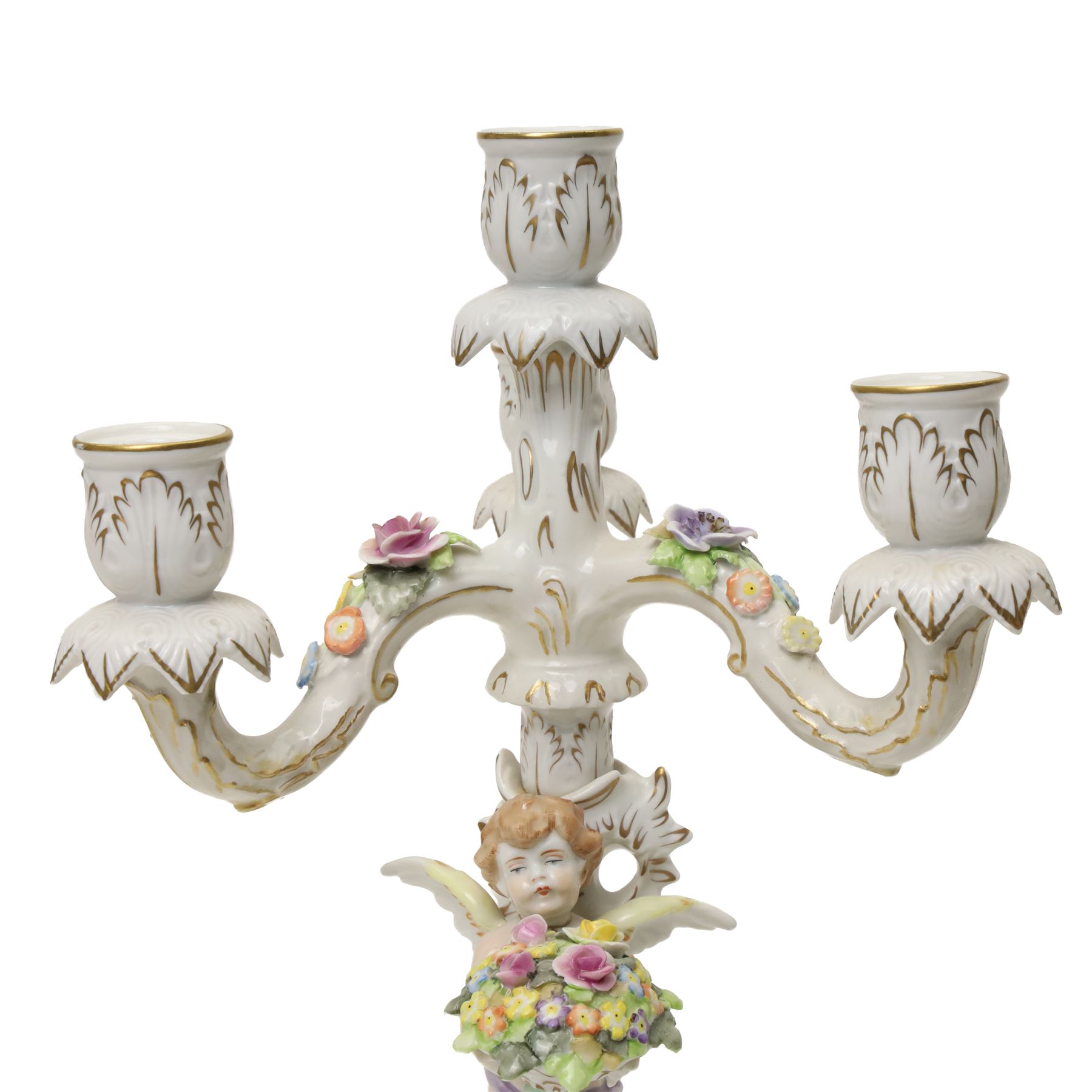 Pair of German porcelain three branch candelabra, the based modelled with putti holding flowers, printed blue mark to base, H35cm (2)