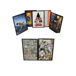 Seven film and music posters, framed, including Guns N' Roses, Trainspotting, My Hero Academia, etc