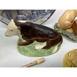 Five Border Fine Arts James Herriot's Country Kitchen ceramics, comprising Cow Creamer, Horseradish pot with spoon, Mint Sauce Boat with spoon, Piglets Cruet Set and Yours or Mine Cruet set, together with Border Fine Arts collectors plate 