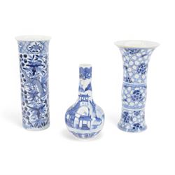 Chinese blue and white vase of cylindrical form, decorated with dragons amongst foliage, t...