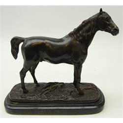  After Pierre Jules Men20th century bronze figure of a horse, on stepped marble plinth, signed P. J. Mene, L23cm   