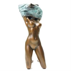 After Milo - bronze figure of a kneeling nude figure removing her shirt, bearing signature H17cm
