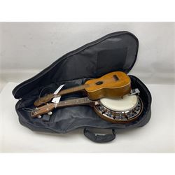 Trumelo BMI banjo ukulele no.3013 L58cm; in soft carrying case; and Kapok Brand guitar shaped ukulele L51cm (2)